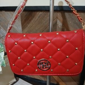 Badgley Mischka Quilted Red Crossbody Bag with Gold Stud Accents. NWT